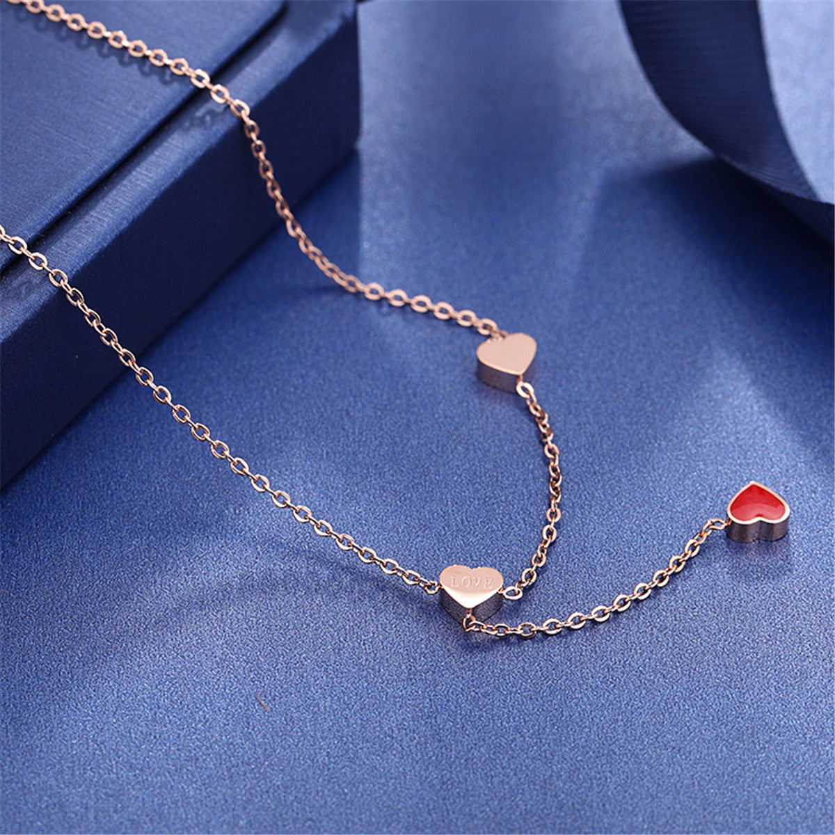 Red Enamel and 18K Rose Gold-Plated Heart Lariat Necklace, rose gold pendant necklace for women, lifestyle look