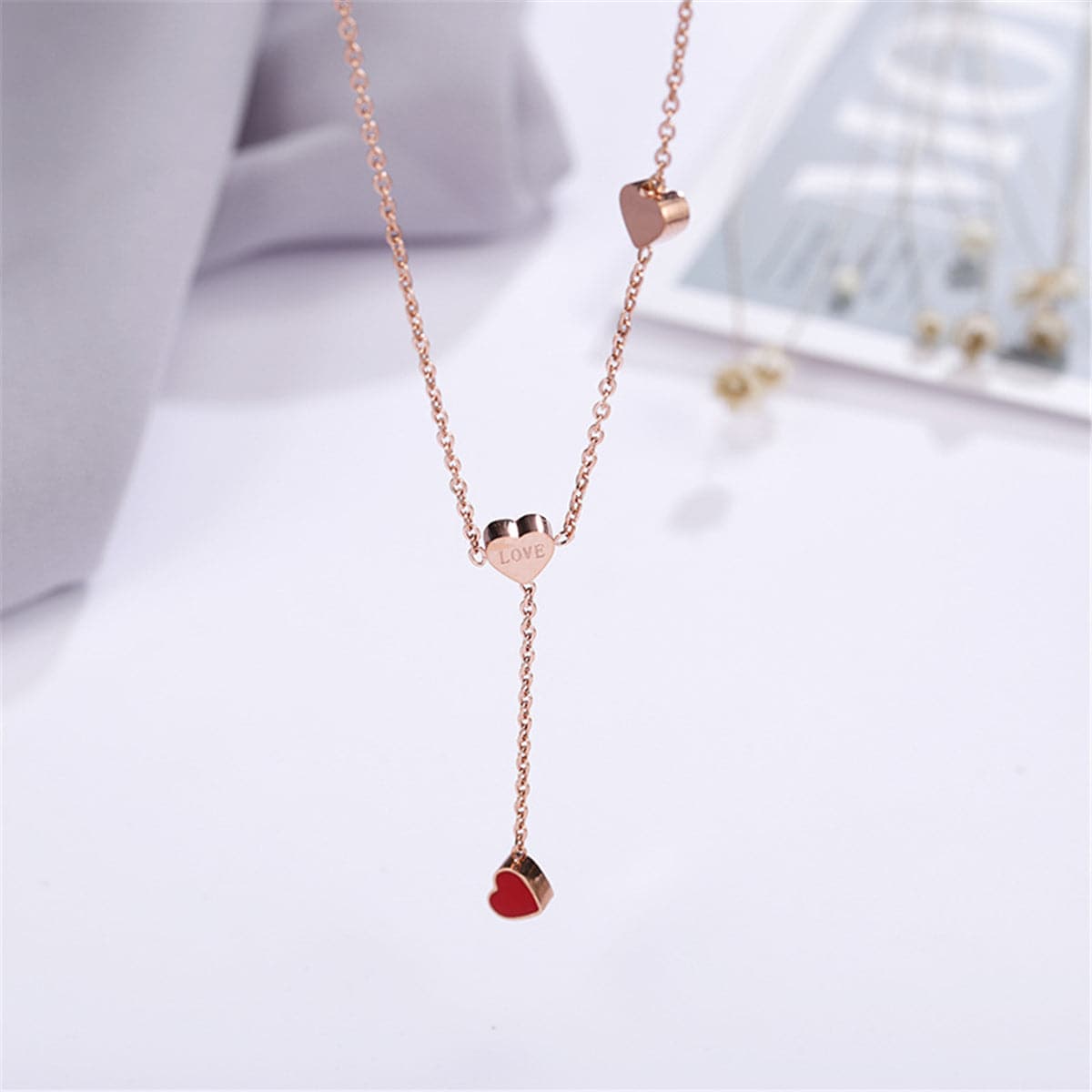 Red Enamel and 18K Rose Gold-Plated Heart Lariat Necklace, rose gold pendant necklace for women, side view