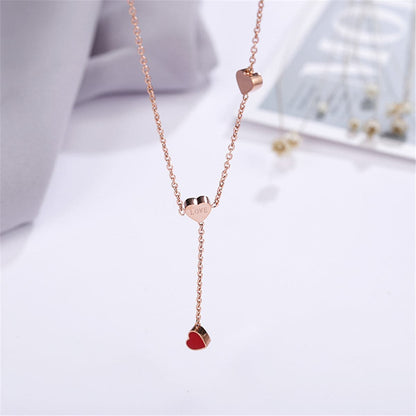 Red Enamel and 18K Rose Gold-Plated Heart Lariat Necklace, rose gold pendant necklace for women, side view
