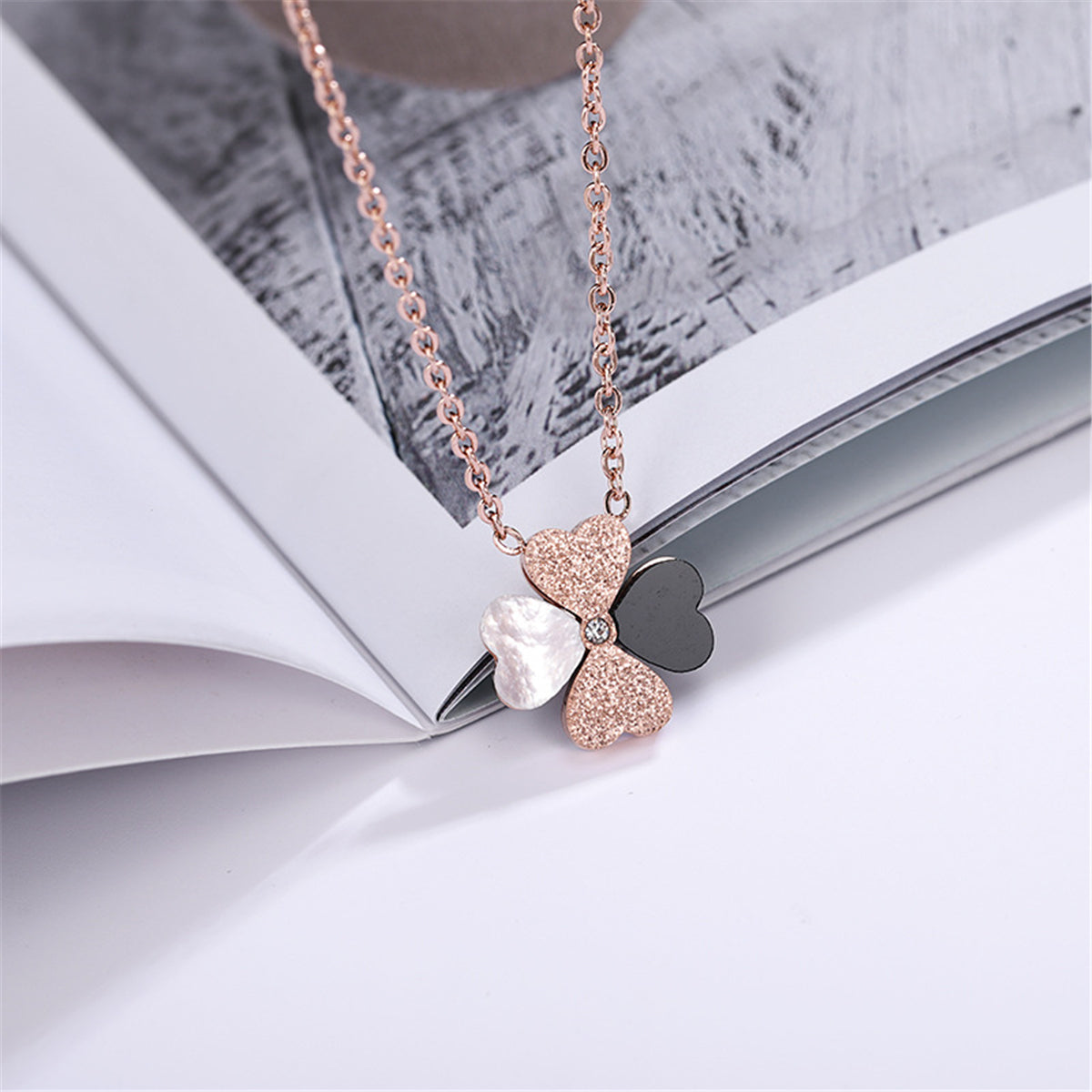 White Shell & Cubic Zirconia 18K Rose Gold-Plated Clover Pendant Necklace
