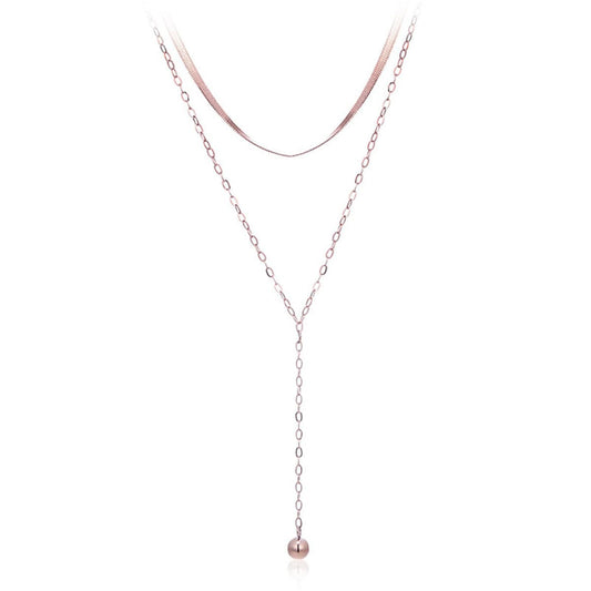 18K Rose Gold-Plated Snake Chain Layered Lariat Necklace, rose gold pendant necklace for women, front view