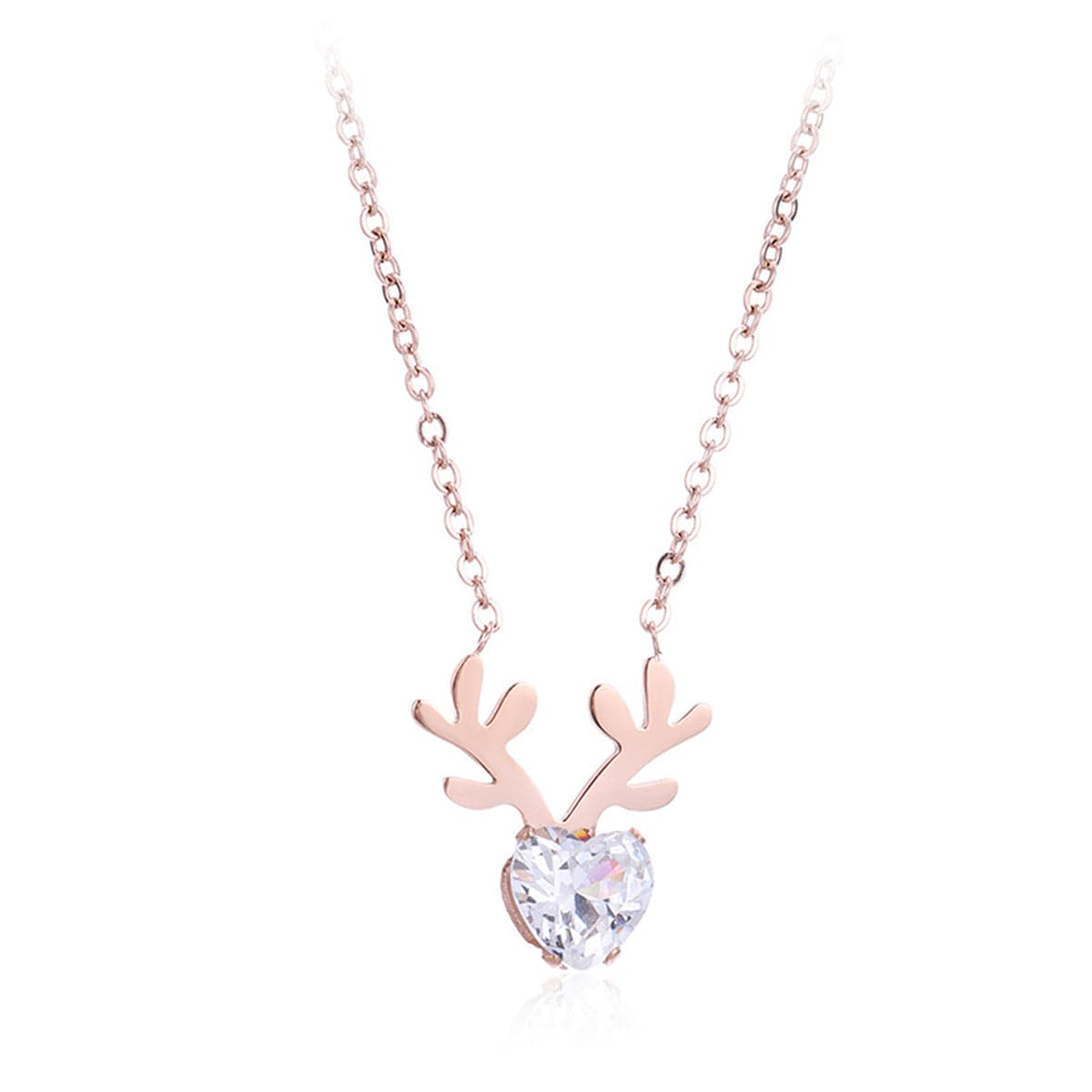 Crystal and 18K Rose Gold-Plated Heart Antler Pendant Necklace, rose gold pendant necklace for women, front view