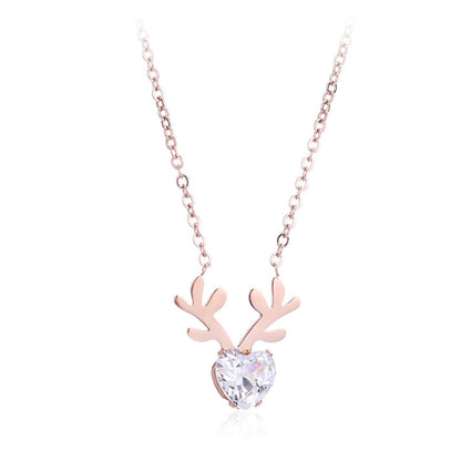 Crystal and 18K Rose Gold-Plated Heart Antler Pendant Necklace, rose gold pendant necklace for women, front view