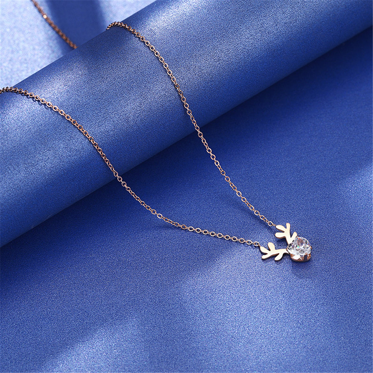 Crystal and 18K Rose Gold-Plated Heart Antler Pendant Necklace, rose gold pendant necklace for women, detail close-up