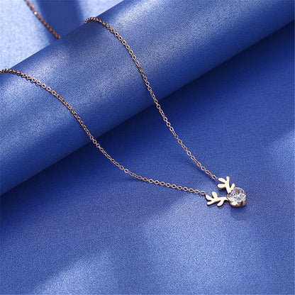 Crystal and 18K Rose Gold-Plated Heart Antler Pendant Necklace, rose gold pendant necklace for women, detail close-up
