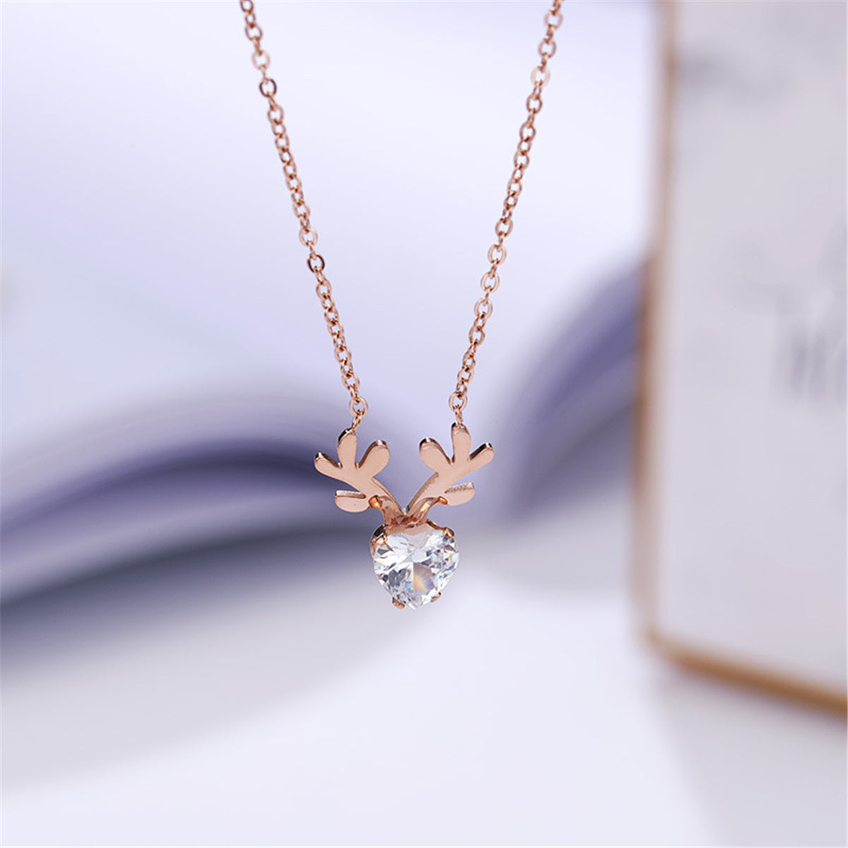 Crystal and 18K Rose Gold-Plated Heart Antler Pendant Necklace, rose gold pendant necklace for women, styled look