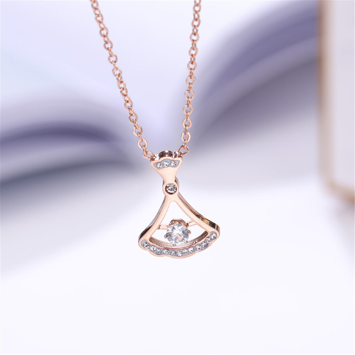 Cubic Zirconia and 18K Rose Gold-Plated Fan Pendant Necklace, rose gold pendant necklace for women, lifestyle look