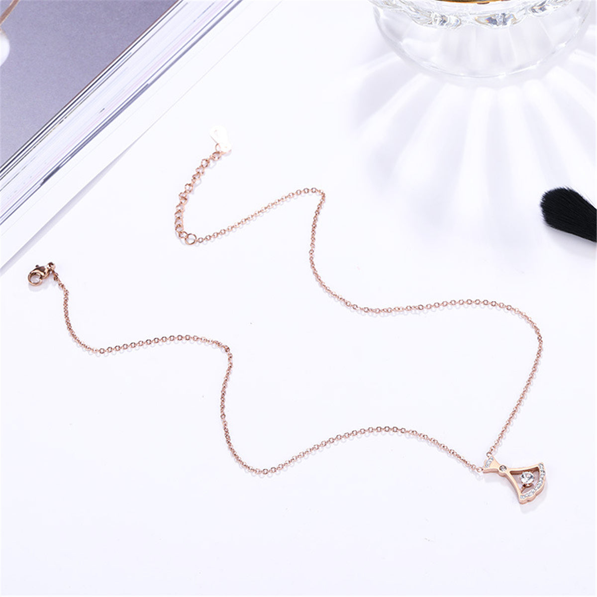 Cubic Zirconia and 18K Rose Gold-Plated Fan Pendant Necklace, rose gold pendant necklace for women, side view
