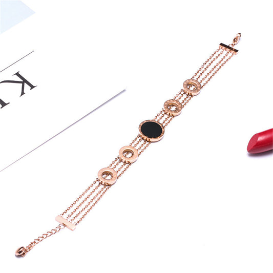 Black Acrylic and 18K Rose Gold-Plated Roman Numeral Multi-Strand Bracelet, rose gold bracelet for women, front view