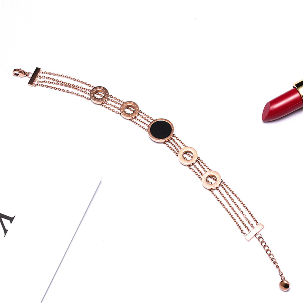 Black Acrylic and 18K Rose Gold-Plated Roman Numeral Multi-Strand Bracelet, rose gold bracelet for women, side view