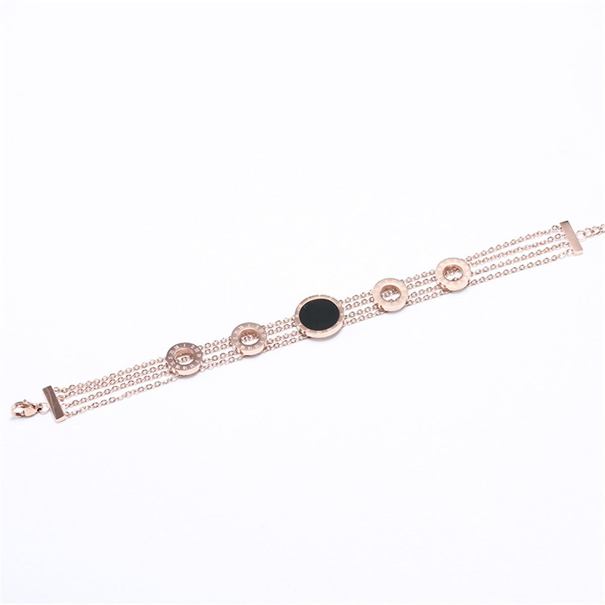 Black Acrylic and 18K Rose Gold-Plated Roman Numeral Multi-Strand Bracelet, rose gold bracelet for women, detail close-up