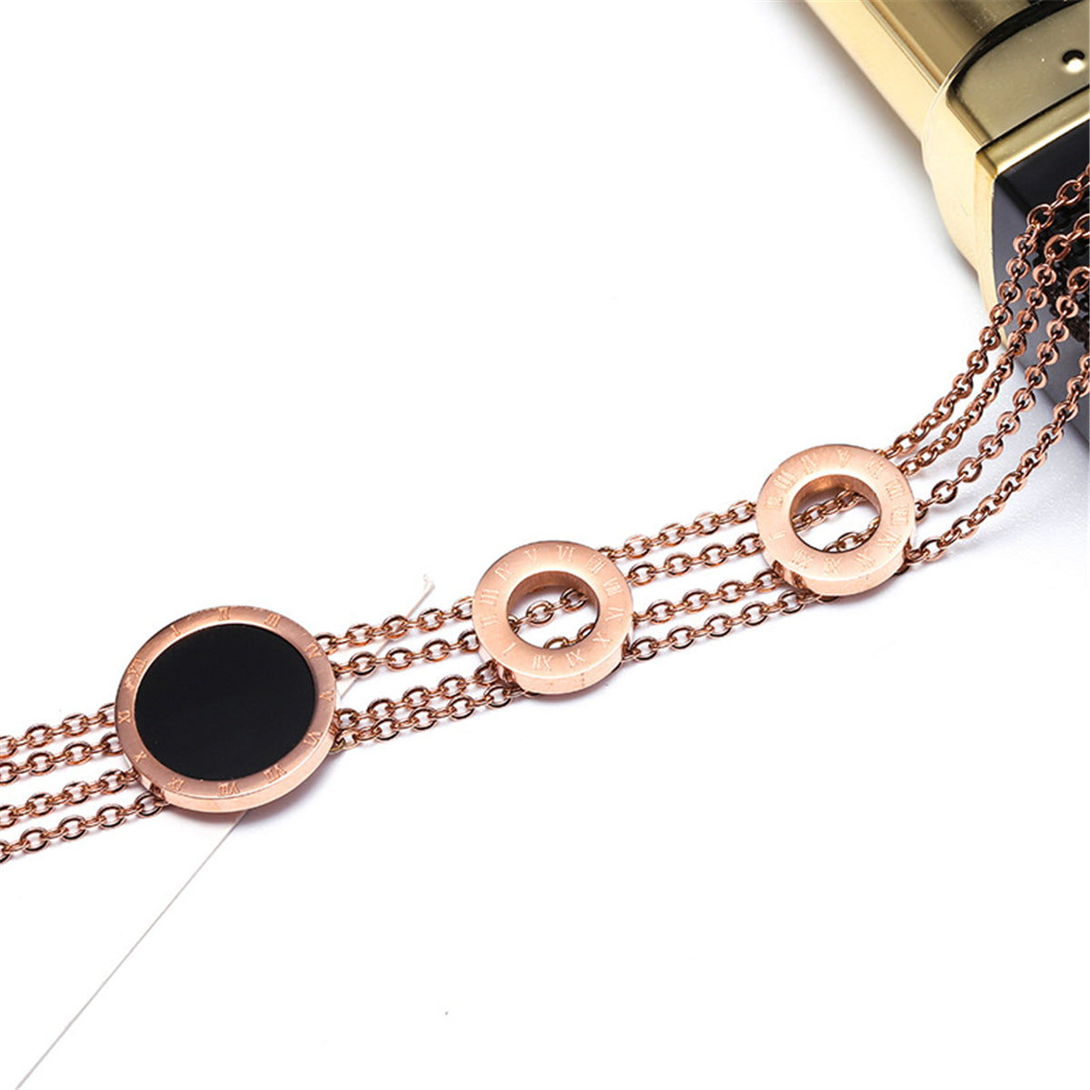 Black Acrylic and 18K Rose Gold-Plated Roman Numeral Multi-Strand Bracelet, rose gold bracelet for women, lifestyle look