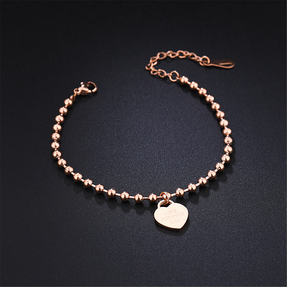 18K Rose Gold-Plated 'Love Forever' Bead Chain Heart Charm Bracelet, rose gold bracelet for women, side view