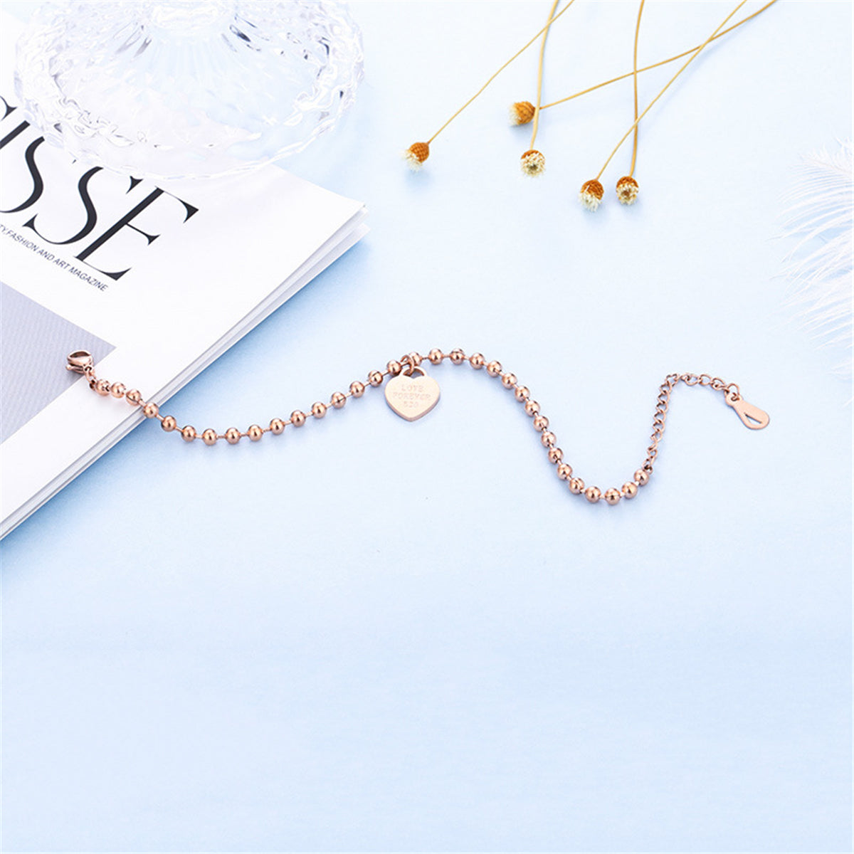 18K Rose Gold-Plated 'Love Forever' Bead Chain Heart Charm Bracelet, rose gold bracelet for women, lifestyle look