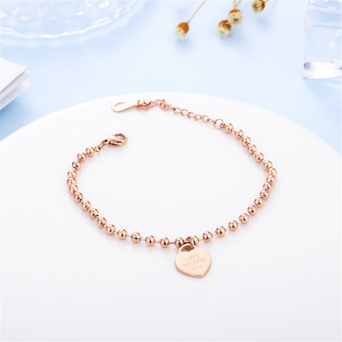 18K Rose Gold-Plated 'Love Forever' Bead Chain Heart Charm Bracelet, rose gold bracelet for women, styled look