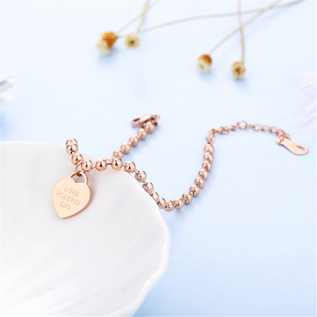 18K Rose Gold-Plated 'Love Forever' Bead Chain Heart Charm Bracelet, rose gold bracelet for women, detail close-up