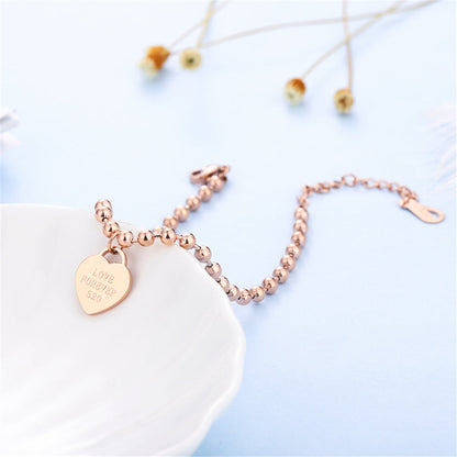 18K Rose Gold-Plated 'Love Forever' Bead Chain Heart Charm Bracelet, rose gold bracelet for women, detail close-up