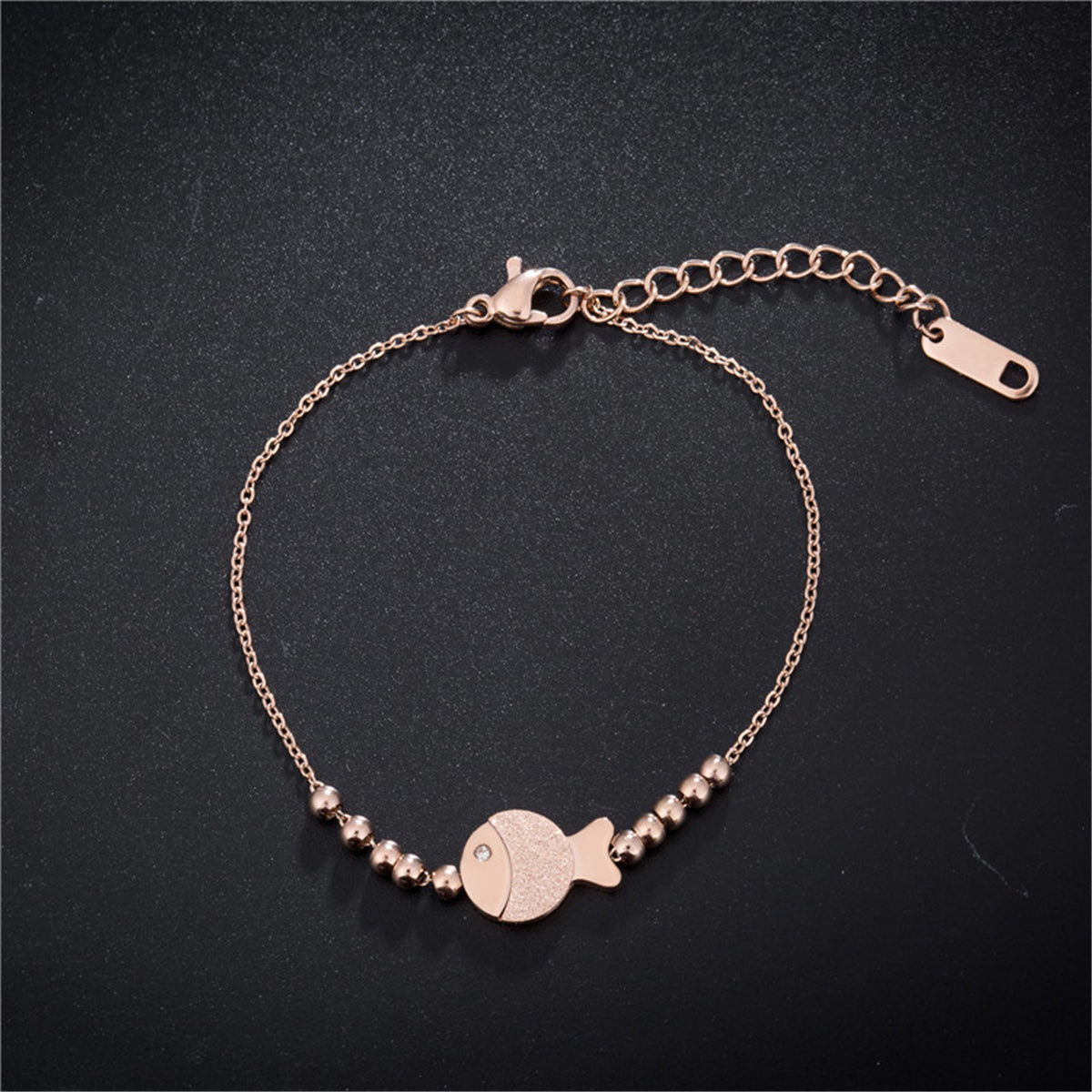Cubic Zirconia and 18K Rose Gold-Plated Bead Chain Fish Charm Bracelet, rose gold bracelet for women, front view