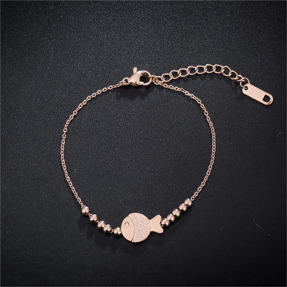 Cubic Zirconia and 18K Rose Gold-Plated Bead Chain Fish Charm Bracelet, rose gold bracelet for women, front view