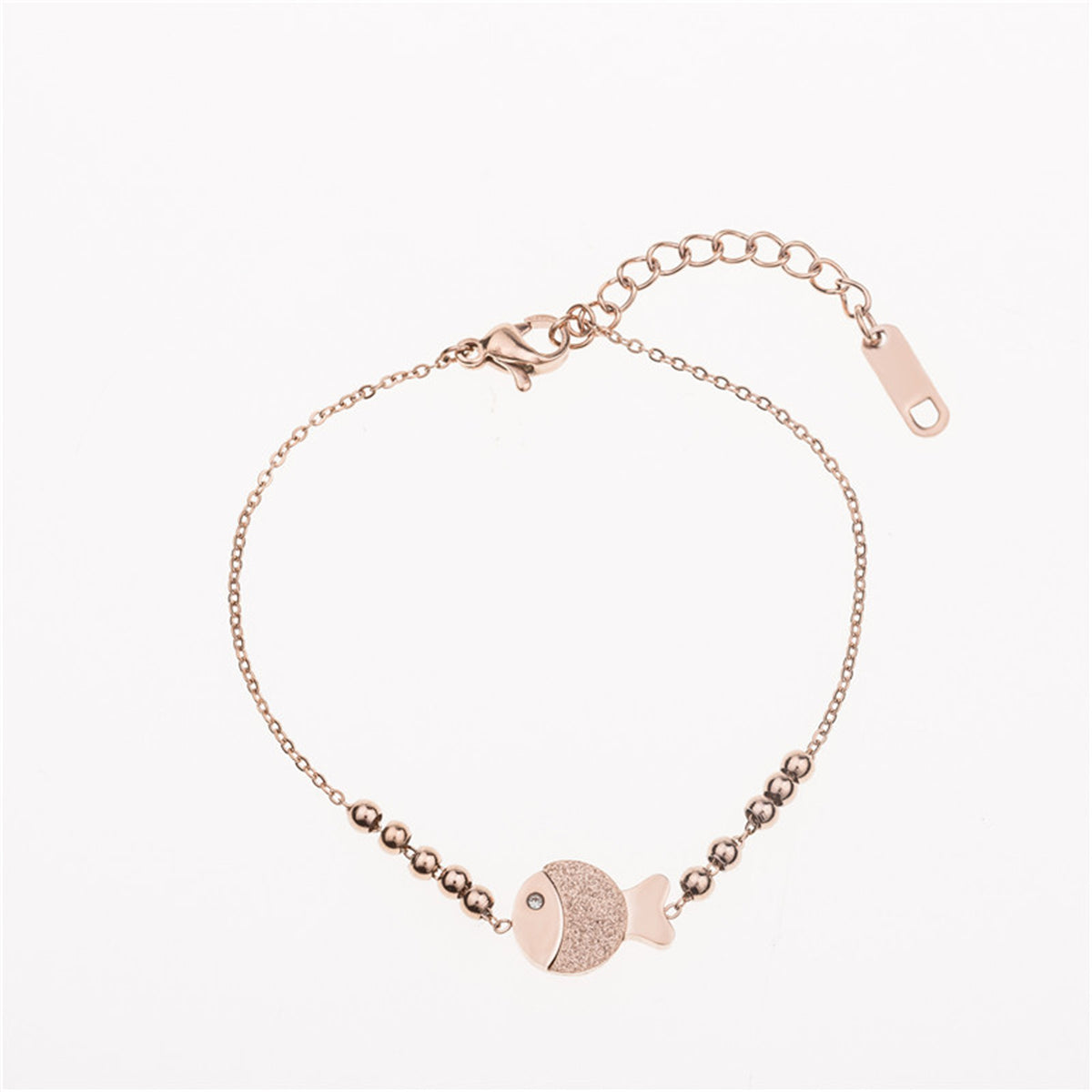 Cubic Zirconia and 18K Rose Gold-Plated Bead Chain Fish Charm Bracelet, rose gold bracelet for women, side view