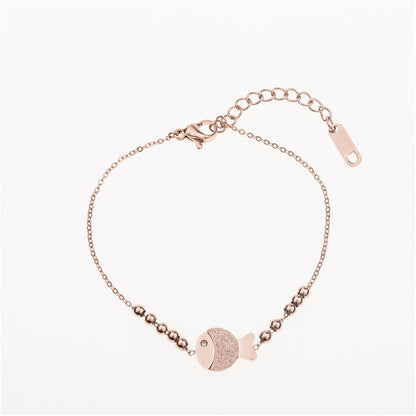 Cubic Zirconia and 18K Rose Gold-Plated Bead Chain Fish Charm Bracelet, rose gold bracelet for women, side view