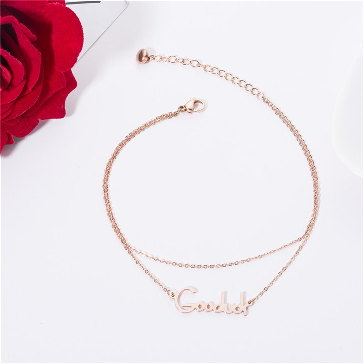 18K Rose Gold-Plated 'Goodluck' Layered Anklet, rose gold anklet bracelet, vintage-inspired design, front view