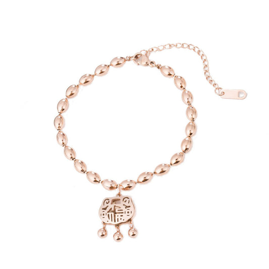 18K Rose Gold-Plated Bead Chain Lock Of Longevity Charm Bracelet, rose gold bracelet for women, front view