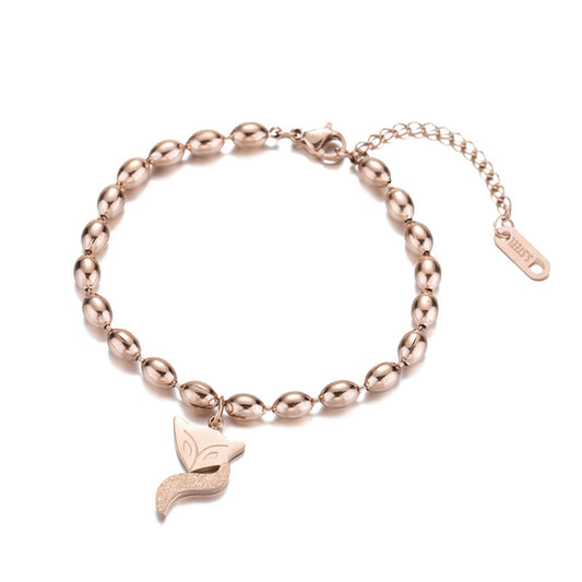 18K Rose Gold-Plated Bead Chain Frosted Fox Charm Bracelet, rose gold bracelet for women, front view