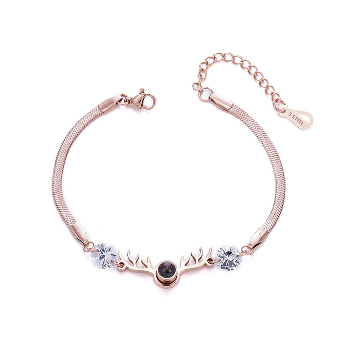 Crystal and 18K Rose Gold-Plated Antler Charm Bracelet, rose gold bracelet for women, everyday style, side view