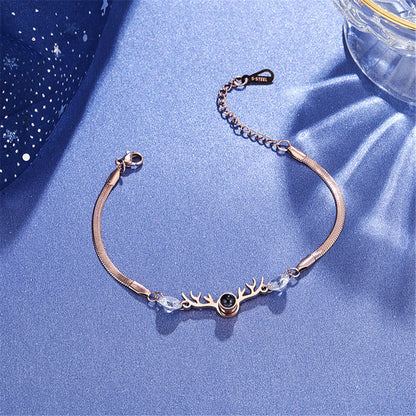 Crystal and 18K Rose Gold-Plated Antler Charm Bracelet, rose gold bracelet for women, everyday style, front view