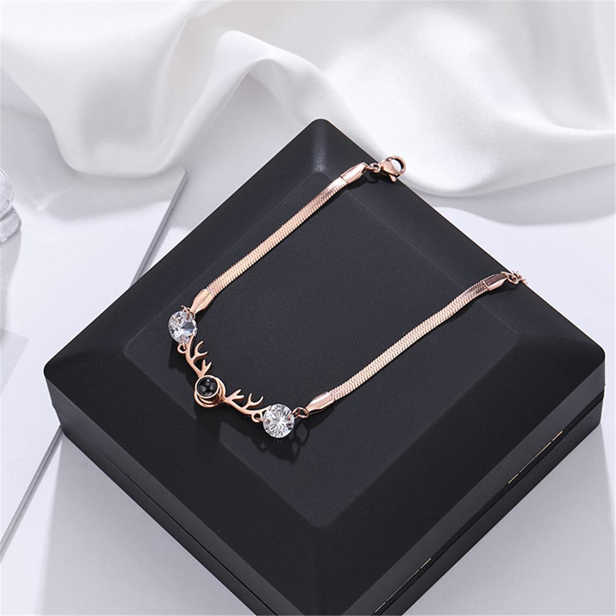 Crystal and 18K Rose Gold-Plated Antler Charm Bracelet, rose gold bracelet for women, everyday style, lifestyle look