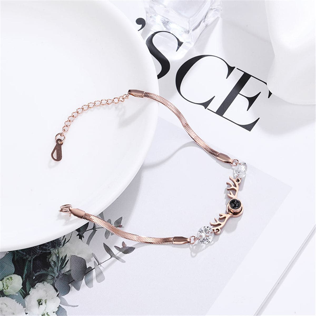 Crystal and 18K Rose Gold-Plated Antler Charm Bracelet, rose gold bracelet for women, everyday style, styled look