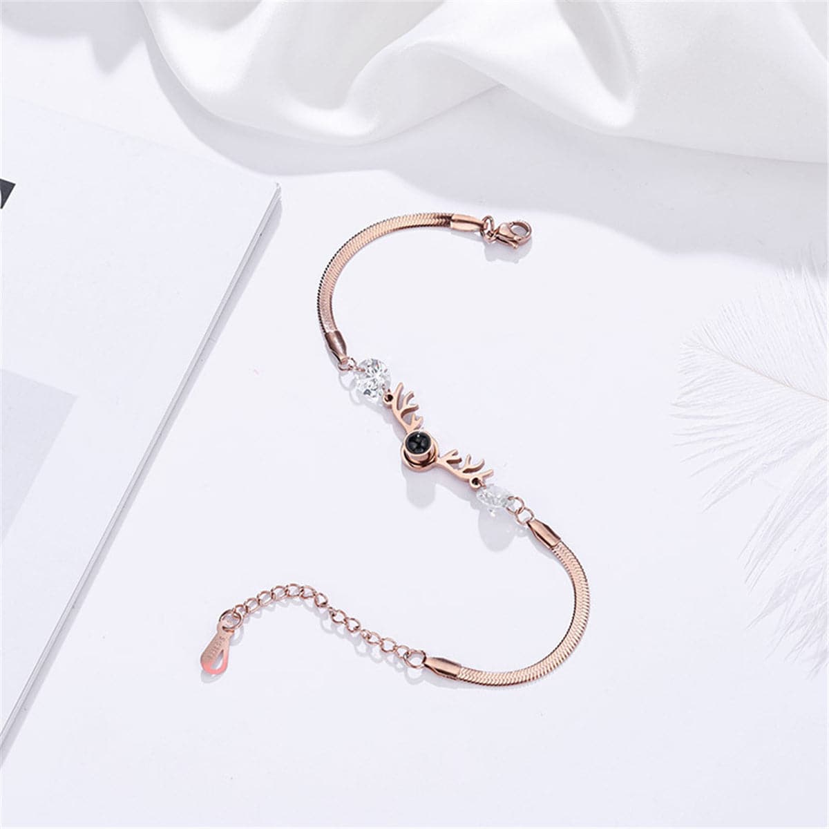Crystal and 18K Rose Gold-Plated Antler Charm Bracelet, rose gold bracelet for women, everyday style, detail close-up