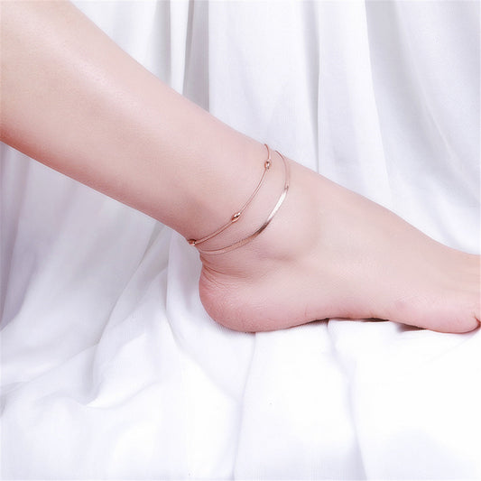 18K Rose Gold-Plated Bead and Snake Chain Layered Anklet, rose gold anklet bracelet, elegant gift for her, front view