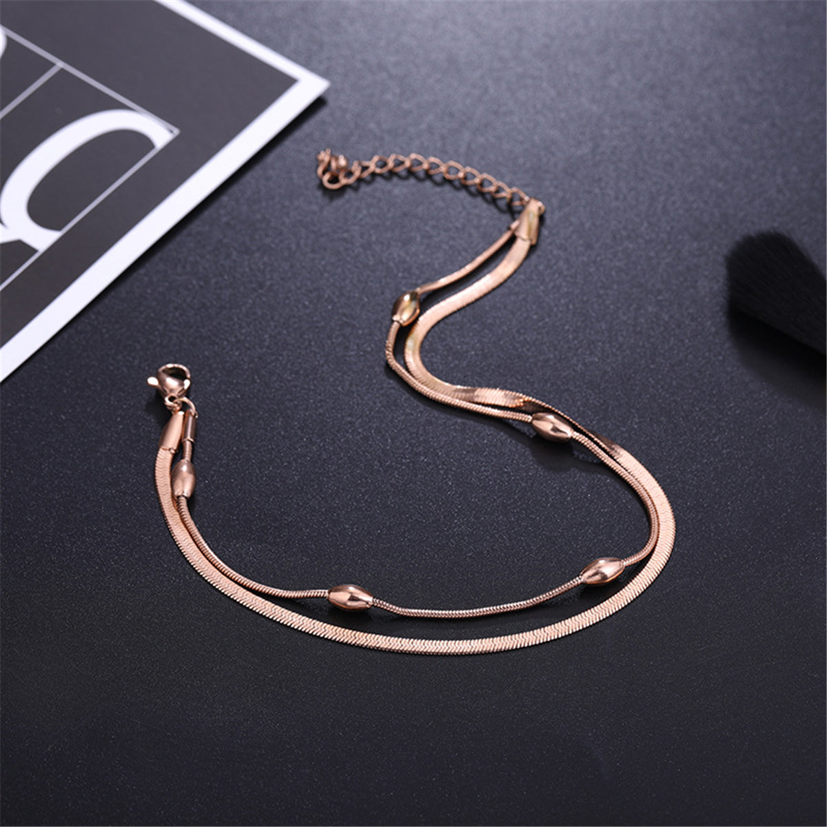 18K Rose Gold-Plated Bead and Snake Chain Layered Anklet, rose gold anklet bracelet, elegant gift for her, detail close-up
