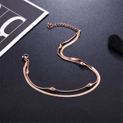 18K Rose Gold-Plated Bead and Snake Chain Layered Anklet, rose gold anklet bracelet, elegant gift for her, detail close-up