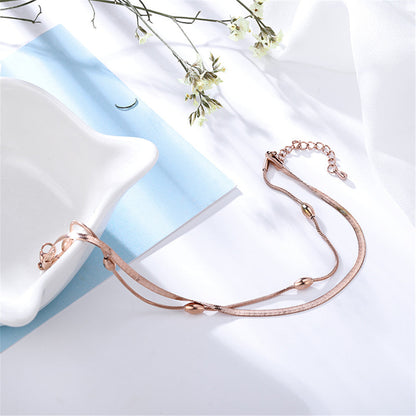 18K Rose Gold-Plated Bead and Snake Chain Layered Anklet, rose gold anklet bracelet, elegant gift for her, lifestyle look