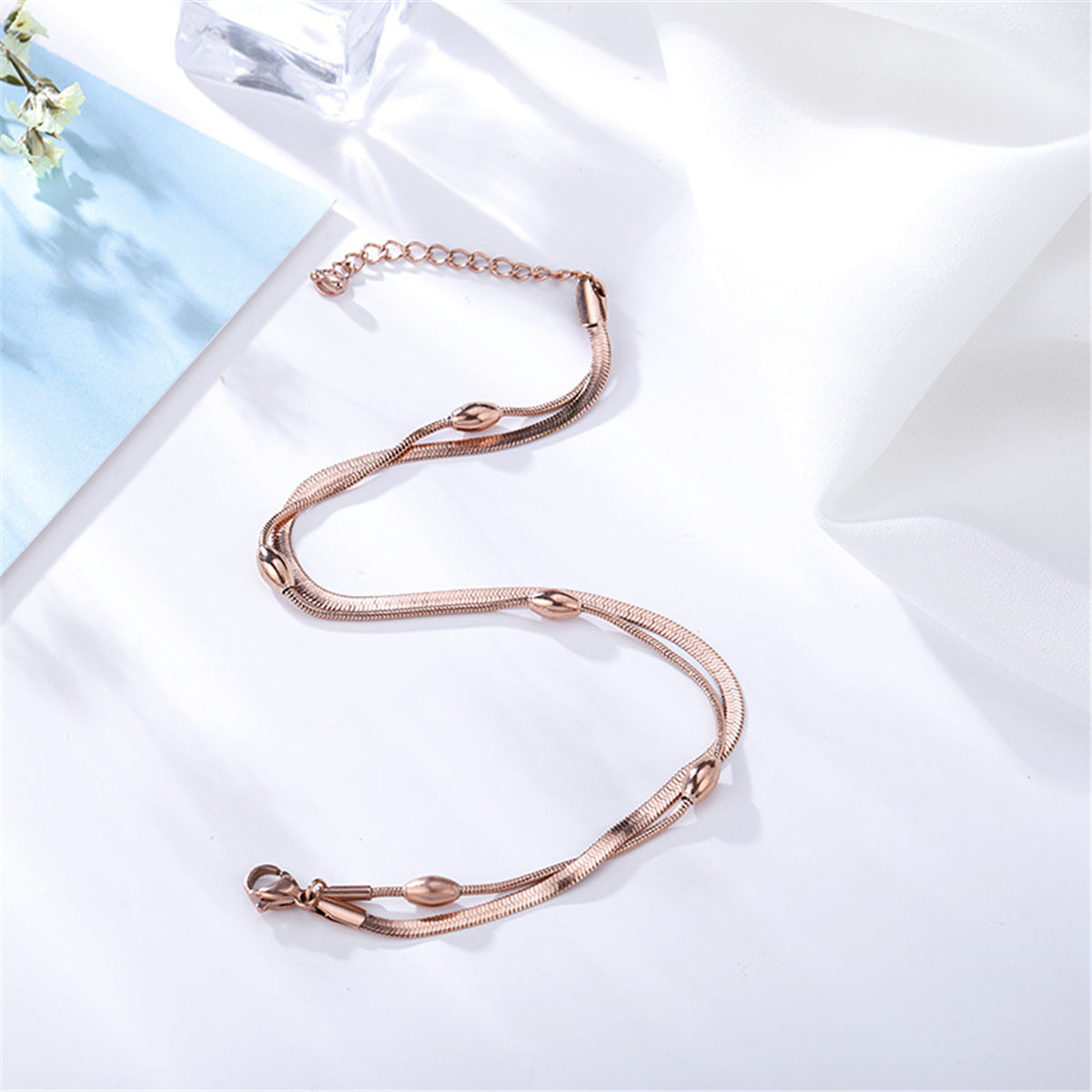 18K Rose Gold-Plated Bead and Snake Chain Layered Anklet, rose gold anklet bracelet, elegant gift for her, styled look