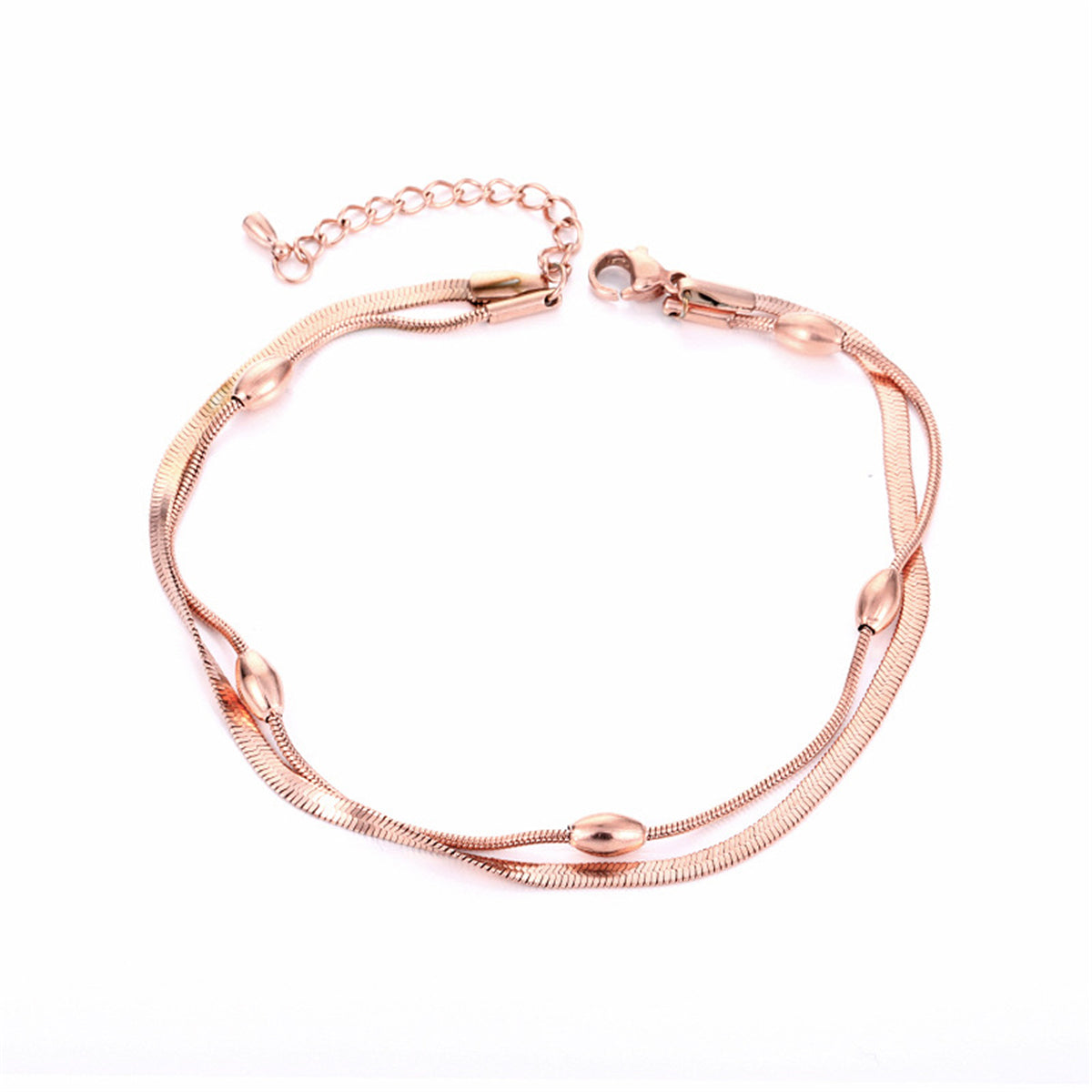 18K Rose Gold-Plated Bead & Snake Chain Layered Anklet