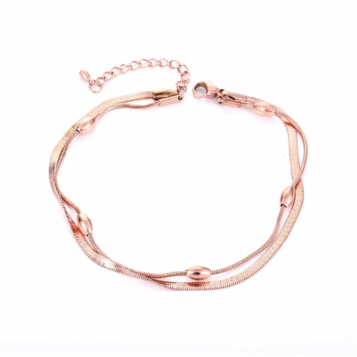 18K Rose Gold-Plated Bead and Snake Chain Layered Anklet, rose gold anklet bracelet, elegant gift for her, side view