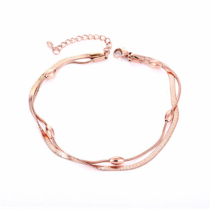 18K Rose Gold-Plated Bead and Snake Chain Layered Anklet, rose gold anklet bracelet, elegant gift for her, side view