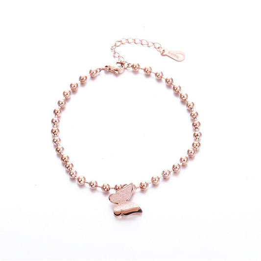 18K Rose Gold-Plated Bead Chain Frosted Butterfly Charm Anklet, rose gold anklet bracelet, everyday style, front view