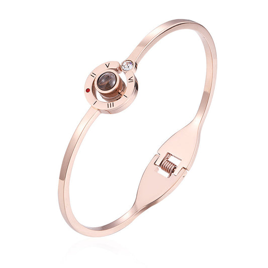 Cubic Zirconia and 18K Rose Gold-Plated 'I Love You' Roman Numeral Hinge Bangle, rose gold bangle bracelet, front view