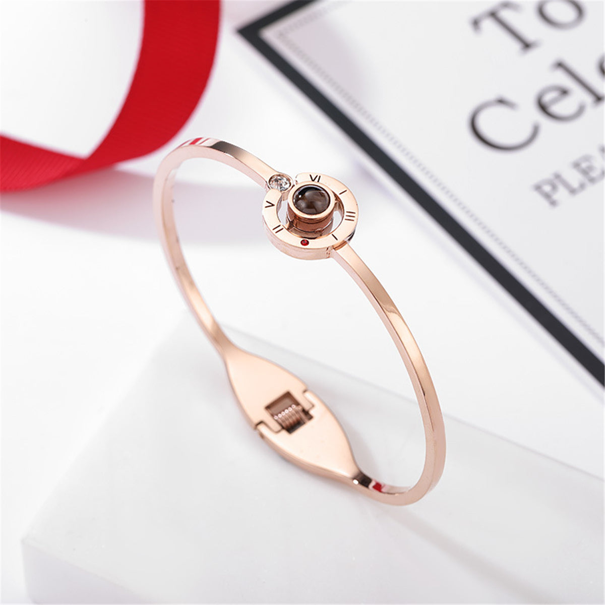 Cubic Zirconia & 18K Rose Gold-Plated 'I Love You' Roman Numeral Hinge Bangle