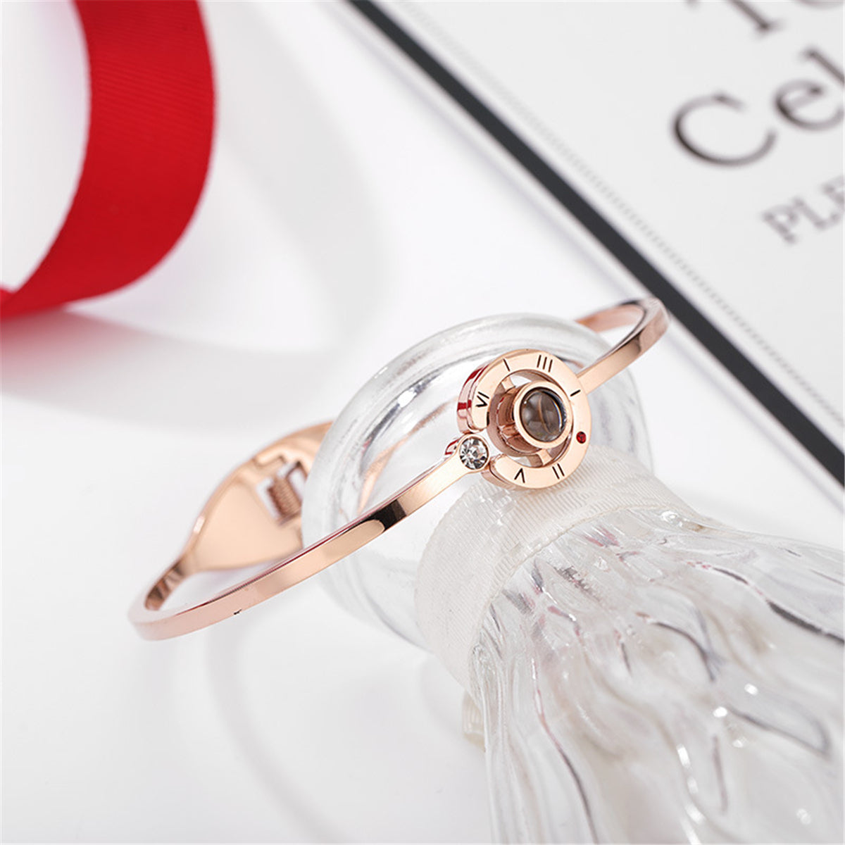Cubic Zirconia & 18K Rose Gold-Plated 'I Love You' Roman Numeral Hinge Bangle
