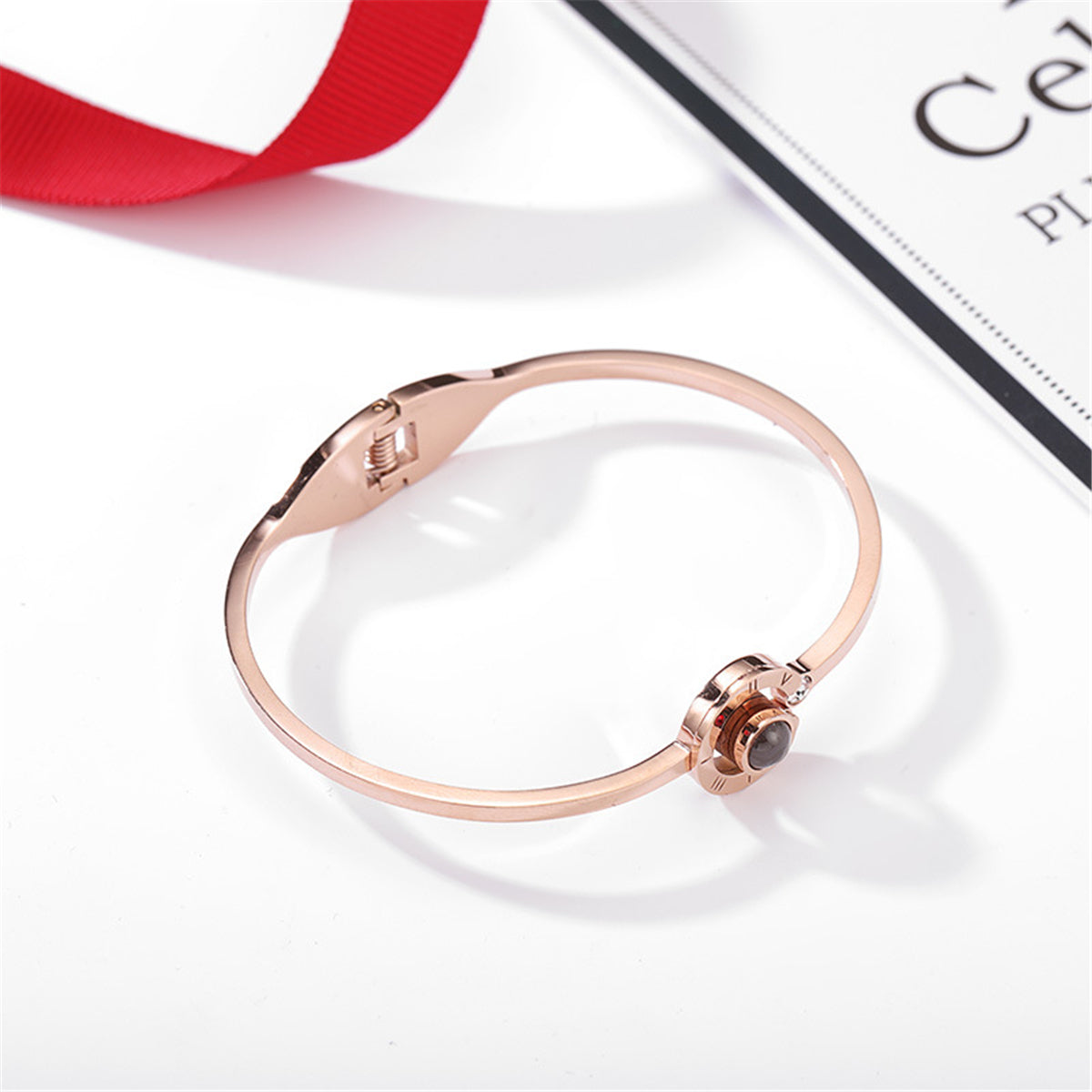 Cubic Zirconia & 18K Rose Gold-Plated 'I Love You' Roman Numeral Hinge Bangle