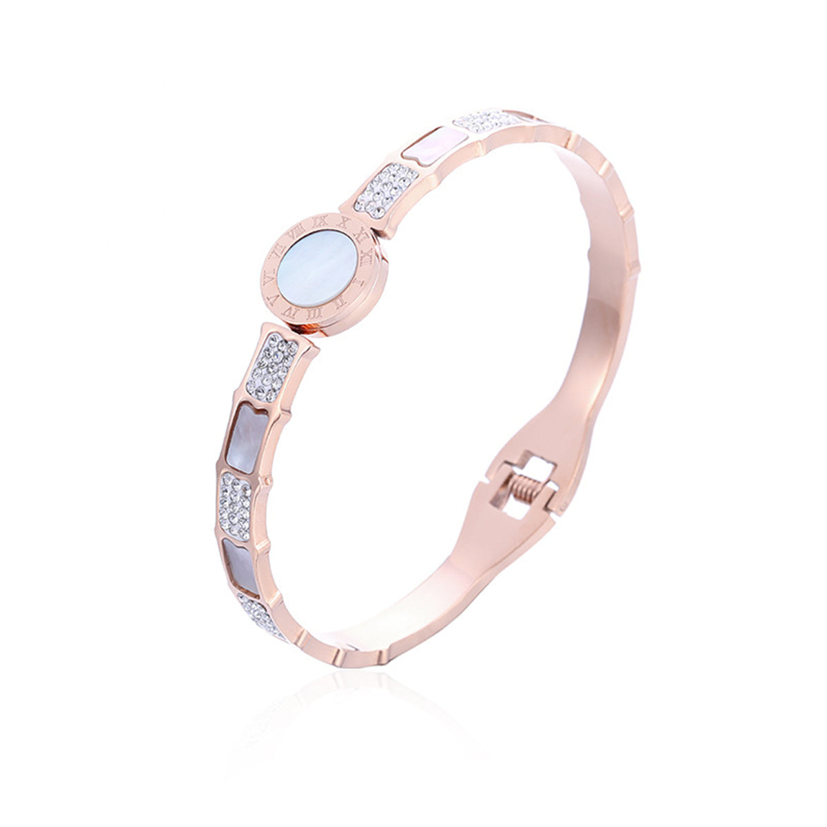 White Shell and Cubic Zirconia 18K Rose Gold-Plated Roman Numeral Hinged Bangle, rose gold bangle bracelet, front view