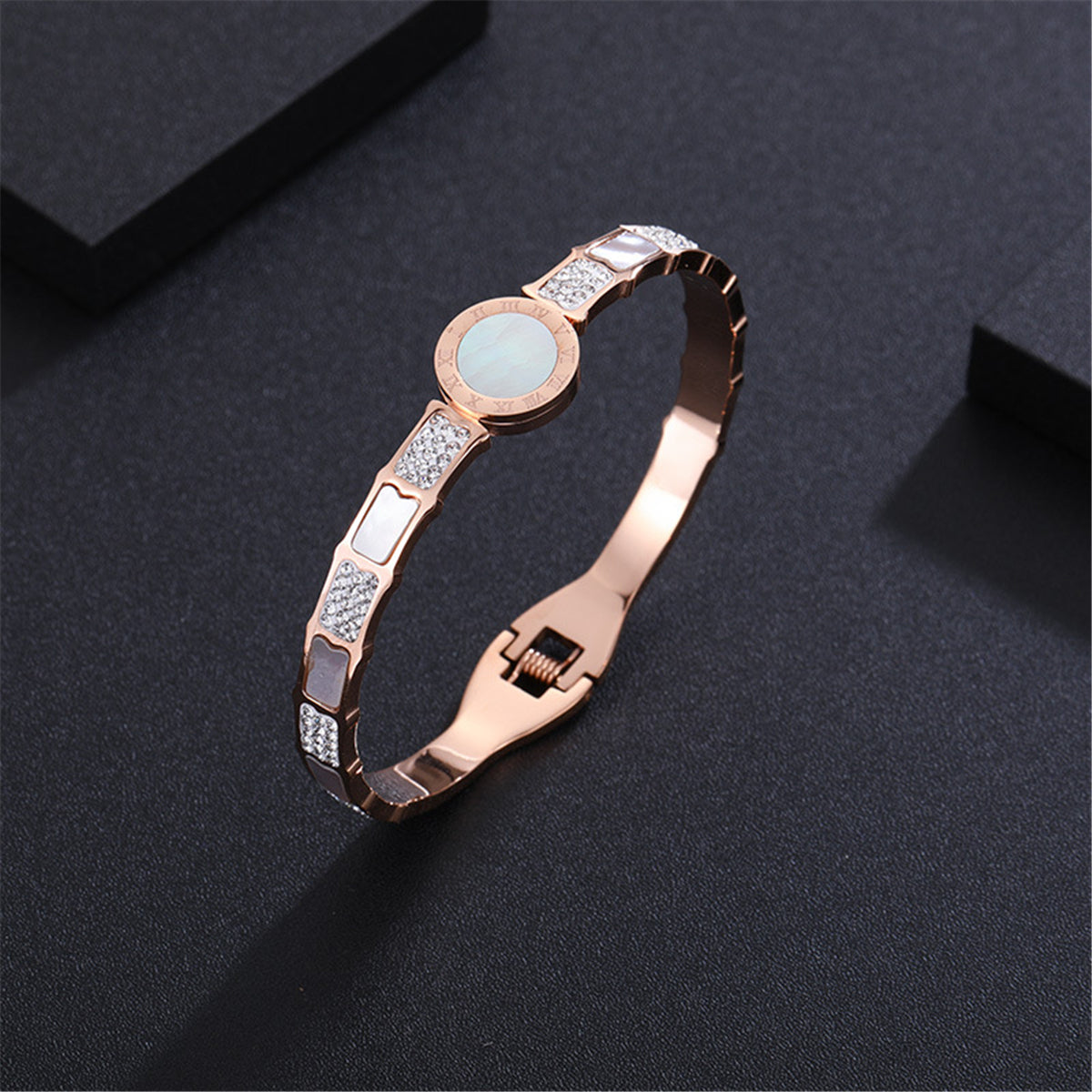 White Shell and Cubic Zirconia 18K Rose Gold-Plated Roman Numeral Hinged Bangle, rose gold bangle bracelet, detail close-up