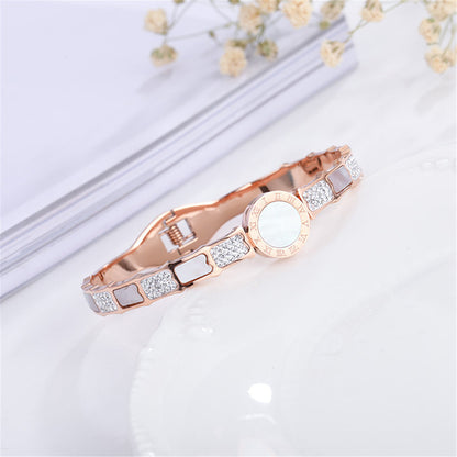 White Shell and Cubic Zirconia 18K Rose Gold-Plated Roman Numeral Hinged Bangle, rose gold bangle bracelet, lifestyle look