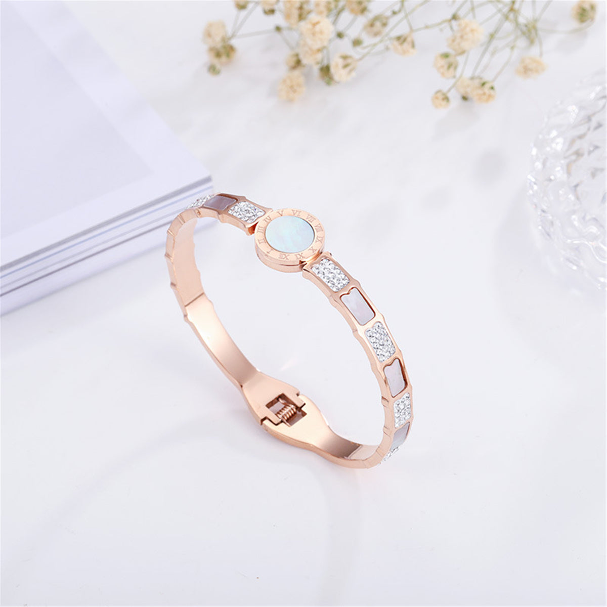 White Shell and Cubic Zirconia 18K Rose Gold-Plated Roman Numeral Hinged Bangle, rose gold bangle bracelet, side view